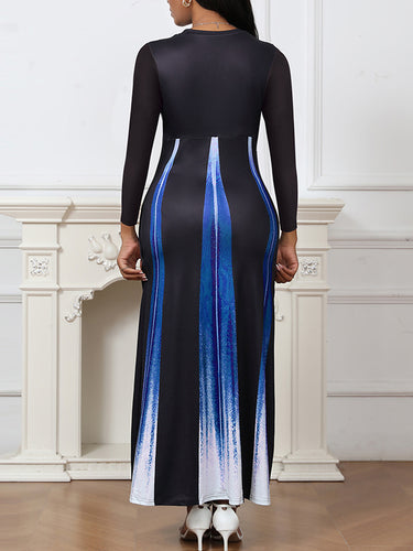 A-lineハイウエストグラデーションポケット印刷されたスプリットジョイントラウンドネックマキシドレス