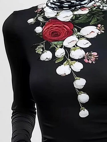 Maniche lunghe Skinny Flower Stampa a collo diviso a collo alto Time