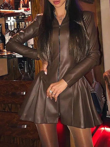 Manches longues skinny plissée à fermeture à glissière à fermeture à glissière Mini robes