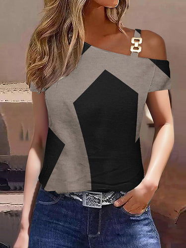 印刷されたワンショルダーTシャツのトップ