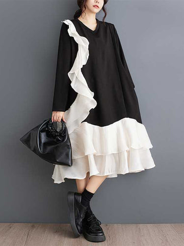 أكمام طويلة الأكمام الطويلة على النقيض من جيوب اللون الكشكش تقسيم الفساتين V-neck midi