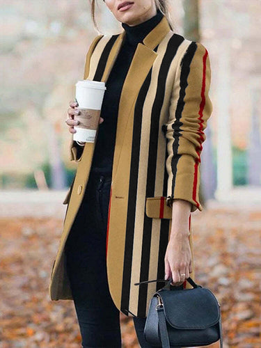 長袖のゆるいボタン付きスプリットジョイントストライプスタンドカラーウールコート