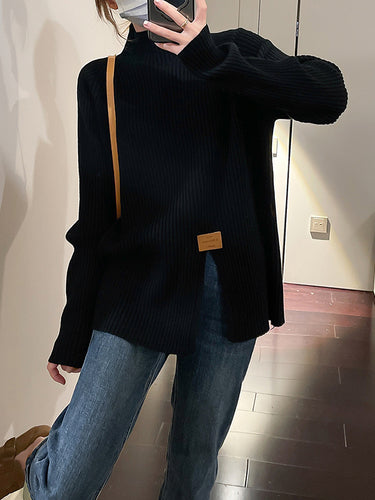 長袖ルーズスプリットフロントモックネックプルオーバーセータートップス