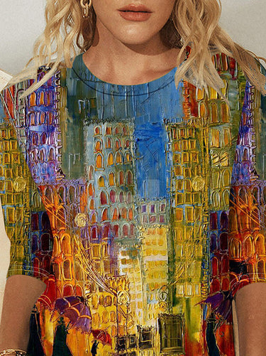 ルーズプラスサイズ印刷されたラウンドネックTシャツのトップス