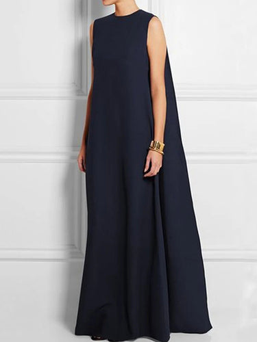 فضفاضة بسيطة اللون الصلب بلا أكمام فستان V-Back Maxi