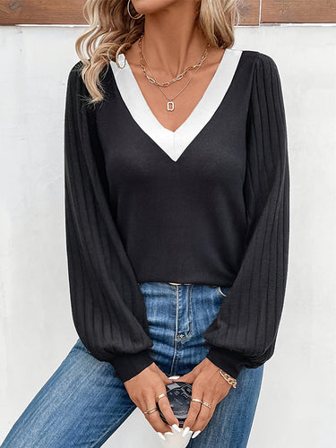 長袖緩いコントラストカラーVネックTシャツのトップ