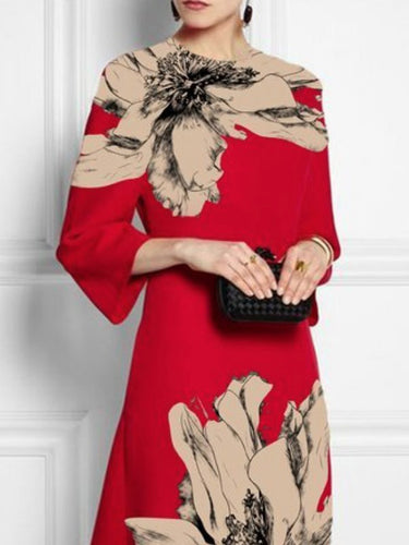 Manches de trois quarts en vrac Couleur Couleur Fleur Imprimer des robes midi à col rond