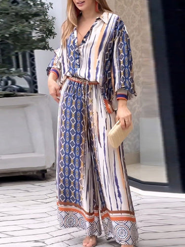 Mangas compridas tops de lapela impressos e impressos + bolsos de cordão calças de baixo