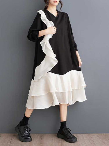 أكمام طويلة الأكمام الطويلة على النقيض من جيوب اللون الكشكش تقسيم الفساتين V-neck midi