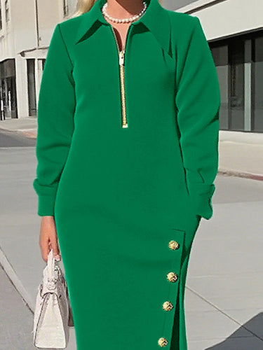 Long Sleeves Asymmetric Split-Joint Split-Side Zipper Lapel Maxi Dresses