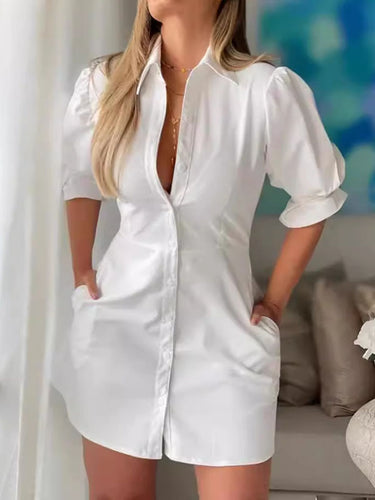 الأكمام A-Line Flared Buted Buted Plateed Solid Solid Color Sloint-Coint Lapel Mini Dresses Dress Dress