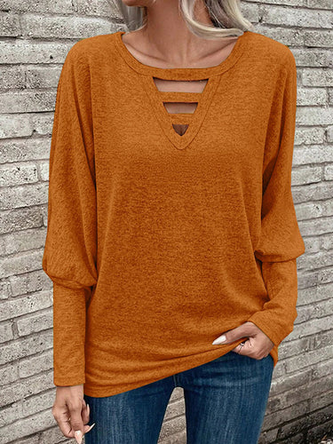 長袖ゆるい中空のソリッドカラースプリットジョイントVネックTシャツのトップス