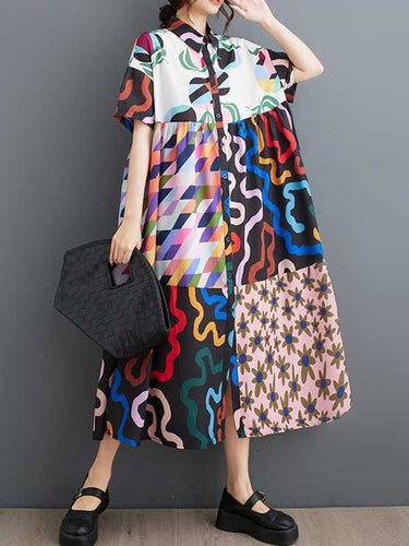 A-Line Lourded Butted Printed Speld-Coint-Coint Lapel Midi Dresses Dress Dress