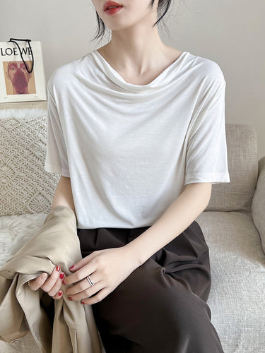 半袖プリーツ固体のヒープカラーTシャツのトップス