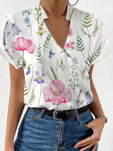 Mangas curtas soltas estampadas florais de junta dividida Bloups & Shirts Tops