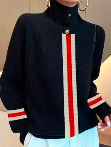長袖ルーズスプリットジョイントストライプハイネックセータートップス