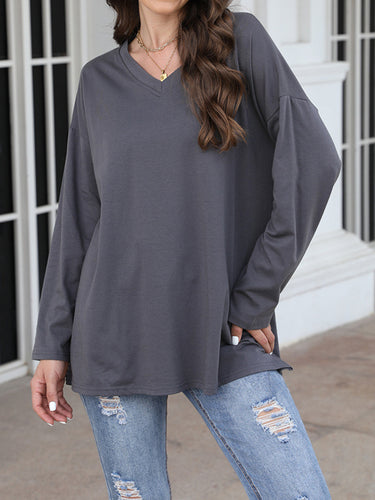 ロングスリーブルーズシースルーソリッドカラースプリットジョイントVネックTシャツ