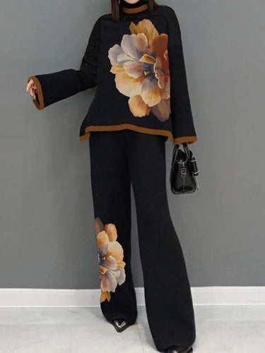 Calça de estampa de flores soltas de cintura alta calça