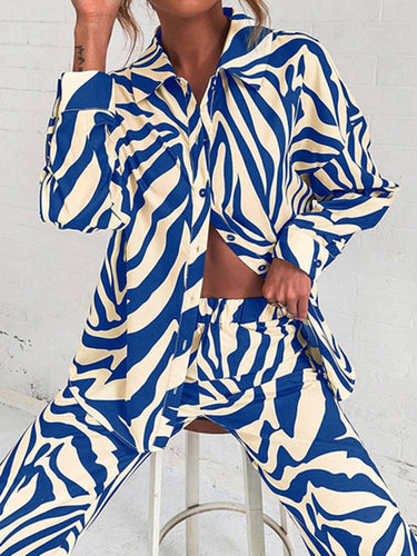 Zebra-Stripe Plusサイズのラペルブラウストップ +パンツボトム2個セット