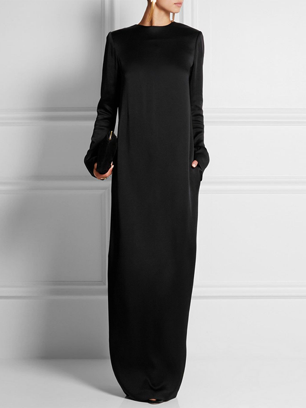 Uoozee-official Long Sleeves Loose Solid Color Round-Neck Maxi Dresses Black / M