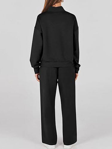 ハイウエストの長袖ドローストリングスプリットジョイントスウェットシャツ +パンツ/ズボン2個セット