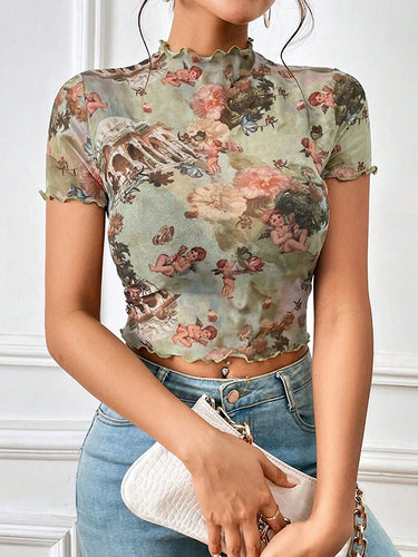 أكمام قصيرة نحيل الشكل زهرة طباعة الكشكش تقليم SEET-SEACH TOPS TOPS TOPS