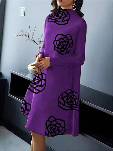 A-Line Long Sleevesフラワープリントモックネックミディドレス