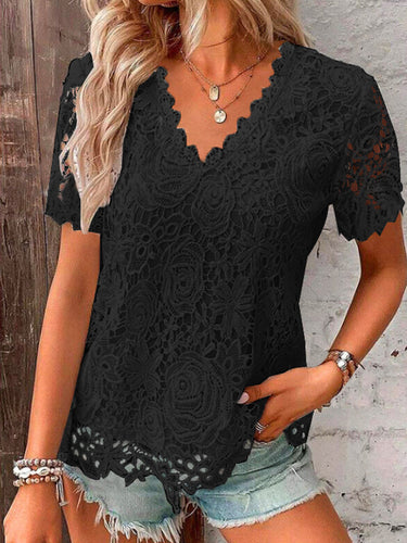ゆるいプラスサイズ刺繍中空の固体色スプリットジョイントVネックTシャツのトップス