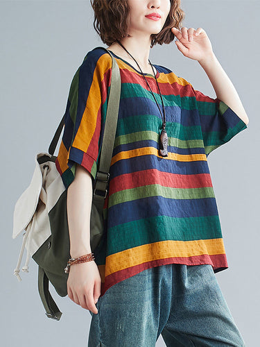 レインボーストライプバットウィングスリーブTシャツトップ