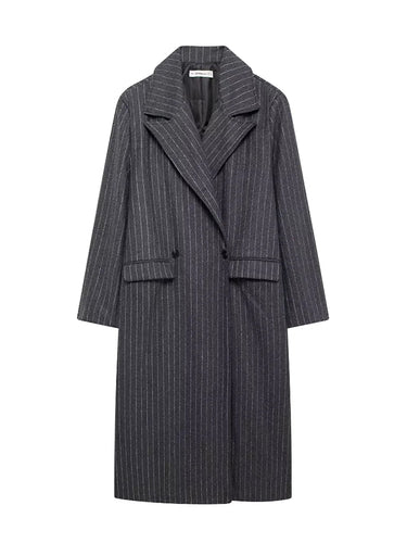 長袖ルーズスプリットジョイントストライプラペルトレンチコートウールコート