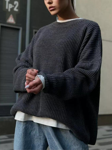 長袖ソリッドカラースプリットジョイントラウンドネックのセータートップス