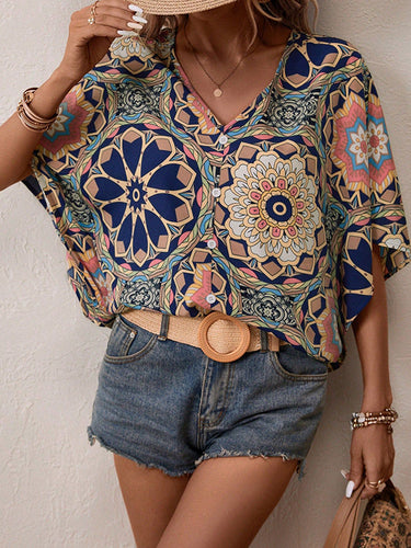 Mangas de batwing topes y camisas de cuello en V botonal en bote