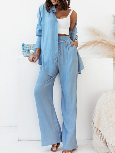 الأكمام الطويلة بزر الجيوب الصلبة لون القمصان الصاخبة أعلى + مرونة السراويل عالية الخصر في أسفل قطعتين