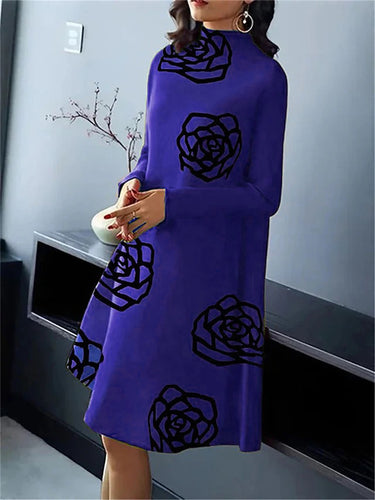 A-Line Long Sleevesフラワープリントモックネックミディドレス