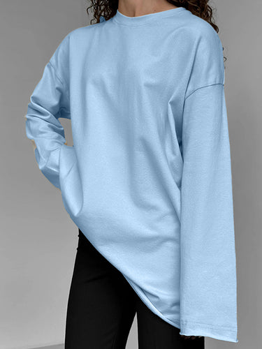 長袖ソリッドカラーの丸いネックTシャツのトップス