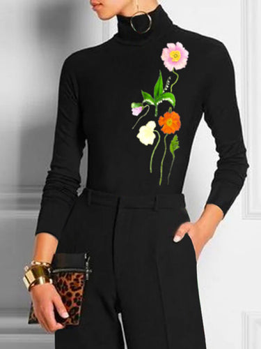 Maniche lunghe Skinny Flower Stampa stampato con giuntura a collo alto Time