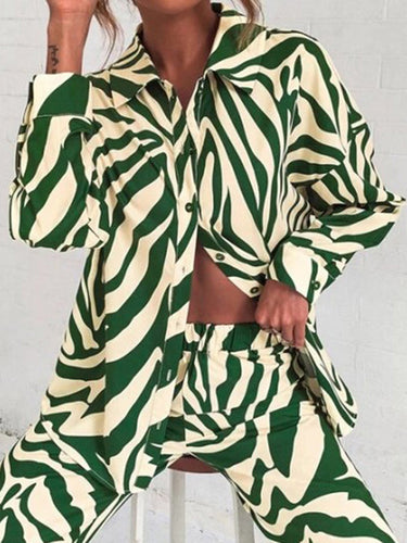 Zebra-Stripe Plusサイズのラペルブラウストップ +パンツボトム2個セット