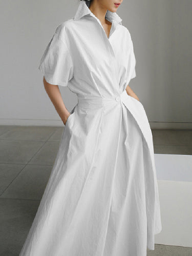 ハイウエストのゆるいプリーツの固体色のvネックミディドレス