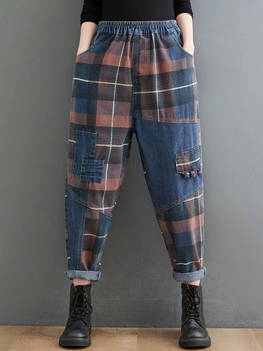 Calças de jeans de xadrez retro artístico originais