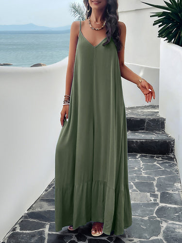 Lose ärmellose plissierte Feste Farbe Spaghetti-Neck Maxi-Kleider