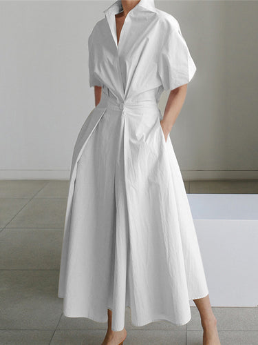 ハイウエストのゆるいプリーツの固体色のvネックミディドレス