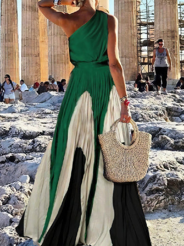 Ärmellose asymmetrische falten gedruckte One-Shoulder-Maxikleider