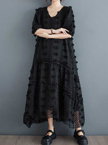 A-line نصف الأكمام مرونة Jacquard صلبة ألوان تقسيم مفصل V-neck midi فساتين