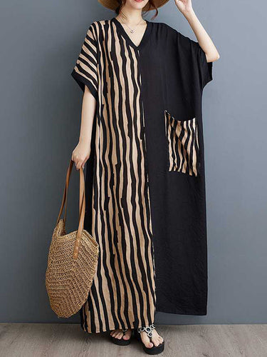 A-lineバットウィングスリーブコントラストカラーポケットスプリットジョイントストライプVネックマキシドレス