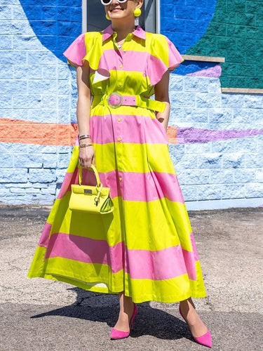 Taille haute taille en vrac boutonné couleur poches plissées revers robes maxi robe de chemise
