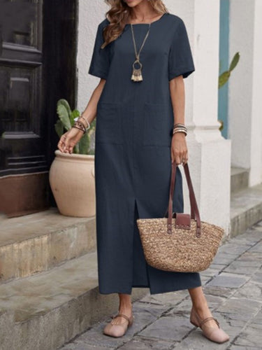 جيوب فضفاضة عالية الخصر سائدة اللون تقسيم الفساتين الدائرية الدائرية