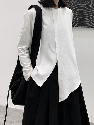 長袖のゆるい非対称のソリッドカラースプリットフロントスプリットジョイントラウンドネックTシャツ