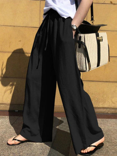 Bolsos de cordão solto de cintura alta calça calças de cor sólidas