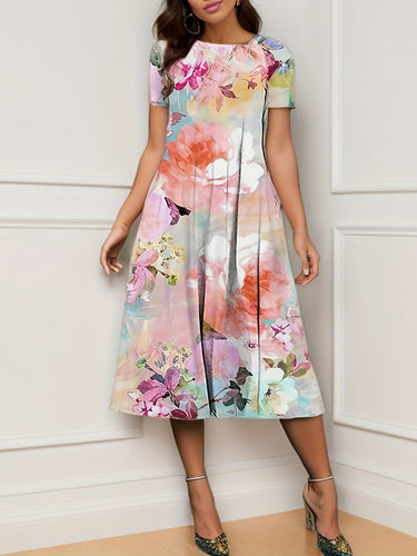 A-line lose Blumendrucktaschen rundem Hals Midi-Kleider