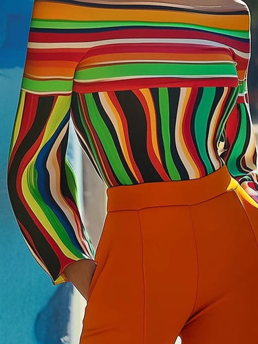 Mangas compridas tops de camisetas listradas de color